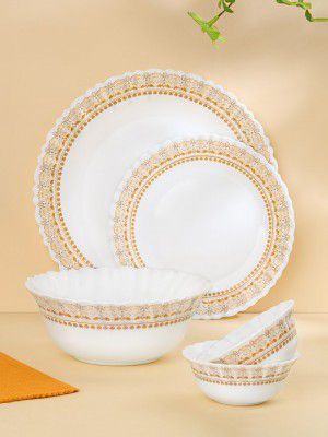 Larah by BOROSIL Halo Jupiter White& Yellow 17 Pcs Opalware Crocker Dinner Set