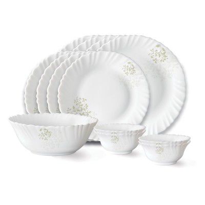 Larah by Borosil Ingot Fluted Series Opalware Dinner Set | 13 Pieces for Family of 4 