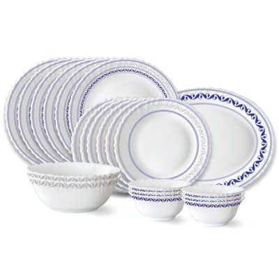 Larah by Borosil Jazzblue Fluted Series Opalware Dinner Set | 21 Pieces for Family of 6 | White
