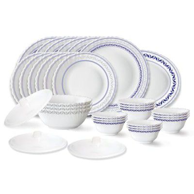 Larah by Borosil Jazzblue Fluted Series Opalware Dinner Set | 31 Pieces for Family of 6 | Plates & Bowls | White