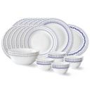 Larah by Borosil Jazzblue Fluted Series Opalware Dinner Set | 27 Pieces for Family of 6 | Plates & Bowls | White