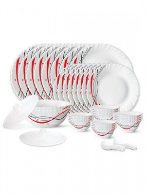 Larah by BOROSIL Jupiter White & Red 44 Pieces Opalware Crocker Dinner Set