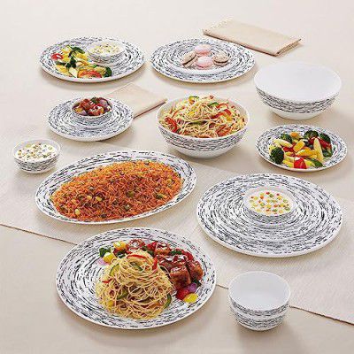 Larah By Borosil Moon Milky Way Dinner Set - 21 Pcs, Opal Glass Dinner Plates & Bowls Crockery Set for Dinning, White
