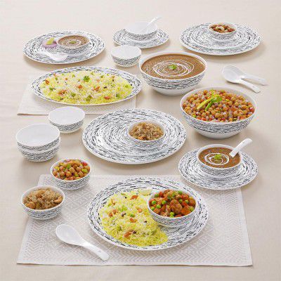 Larah By Borosil Moon Milky Way Dinner Set- 33 Pcs, Opal Glass Dinner Plates & Bowls Crockery Set for Dinning, White