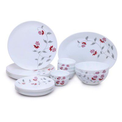Larah by Borosil - Moon Series, Flower Pot 21 Pieces Opalware Dinner Set, White