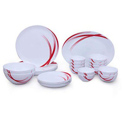Larah by BOROSIL - Moon Series, Red Stella 27 Pieces Opalware Floral Dinner Set, White