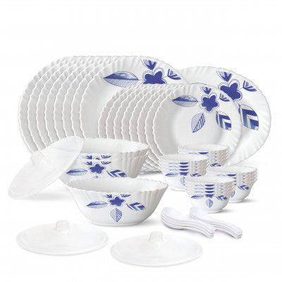 Larah by Borosil Morning Glory Silk Series Opalware Dinner Set | 47 Pieces for Family of 8 | White