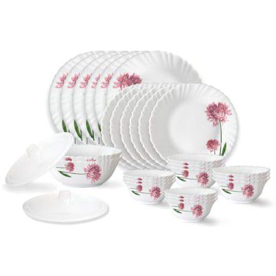 Larah by Borosil Nargis Fluted Series Opalware Dinner Set | 28 Pieces for Family of 6 | White