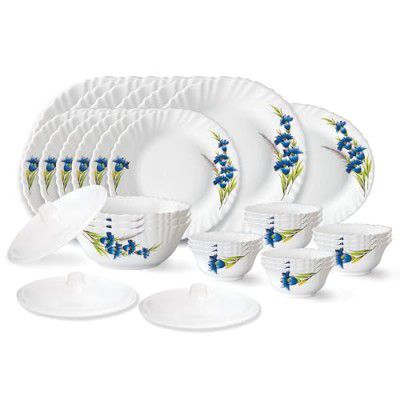 Larah by Borosil Nina Fluted Series Opalware Dinner Set | 31 Pieces for Family of 6 | Microwave & Dishwasher Safe | White