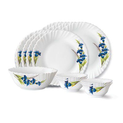 Larah by Borosil Nina Fluted Series Opalware Dinner Set | 13 Pieces for Family of 4 | White
