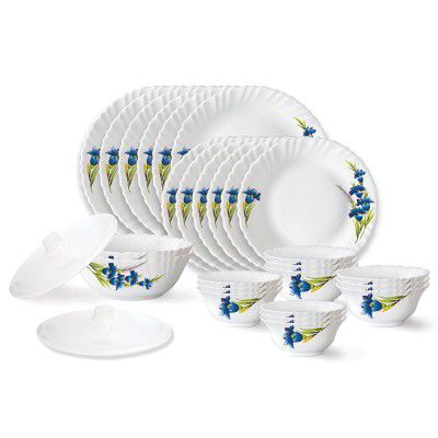 Larah by Borosil Nina Fluted Series Opalware Dinner Set | 28 Pieces for Family of 6 