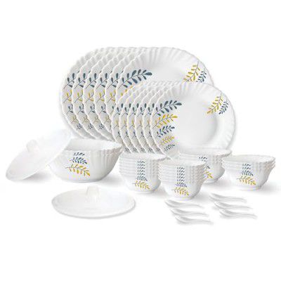 Larah by Borosil Niva Fluted Series Opalware Dinner Set | 40 Pieces for Family of 6 | White