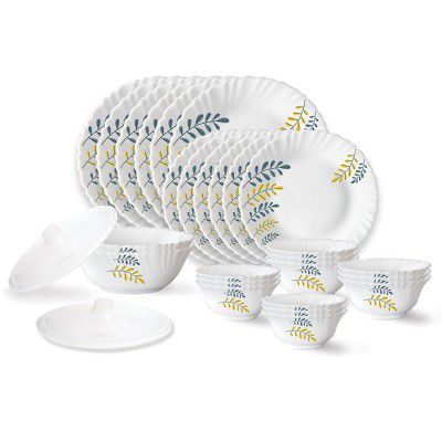 Larah by Borosil Niva Fluted Series Opalware Dinner Set | 28 Pieces for Family of 6 