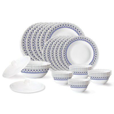 Larah by Borosil Ocean Fluted Series Opalware Dinner Set | 28 Pieces for Family of 6 