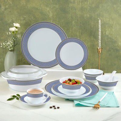 Larah by Borosil Opalware Dinner Set | 62 Pcs for Family of 8  (Emerald Weave)