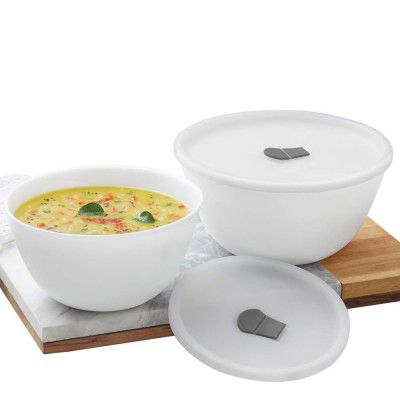 Larah by Borosil Opalware Serving Bowl Set with Lid | 2 Pieces (1000 ml + 1500 ml)