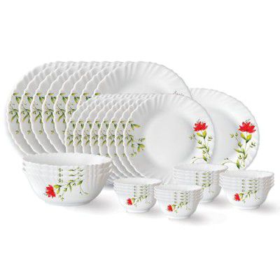 Larah by Borosil Oriental Fluted Series Opalware Dinner Set | 36 Pieces for Family of 8 | Microwave & Dishwasher Safe