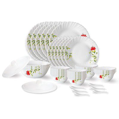 Larah by Borosil Oriental Fluted Series Opalware Dinner Set | 40 Pieces for Family of 6 | Microwave & Dishwasher Safe | Bone-Ash Free | Crockery Set for Dining & Gifting | Plates & Bowls | White