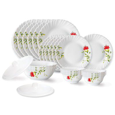 Larah by Borosil Oriental Fluted Series Opalware Dinner Set | 23 Pieces for Family of 6 