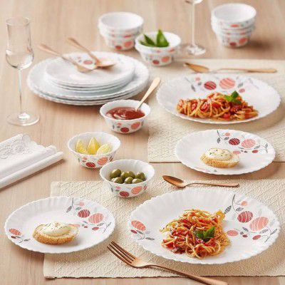 Larah by Borosil Pack of 24 Opalware Galaxy Series Dahlia Crockery Set for Dining & Gifting Dinner Set  (White, Pink, Microwave Safe)