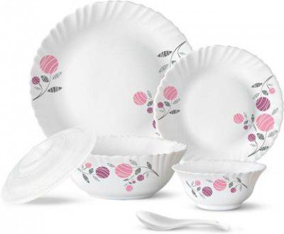 Larah by Borosil Pack of 34 Opalware Galaxy Dahlia Crockey Gifting, Plate & Bowl Dinner Set  (White, Pink, Microwave Safe)