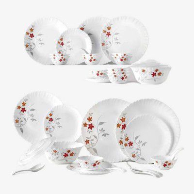 Larah by Borosil Pack of 34 Opalware Galaxy Rosalie Crockey Set for Dining & Gifting, Plate & Bowl Dinner Set  (White, Red, Microwave Safe)