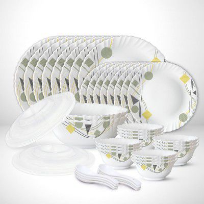 Larah by Borosil Pack of 44 Opalware Galaxy Series Florence Dinnerset, Crockery For Dining & Gifting Dinner Set (Pink, Black, Microwave Safe)