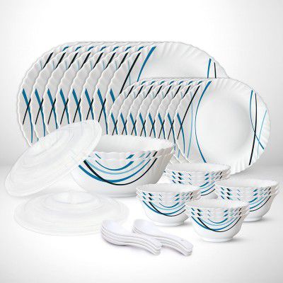 Larah by Borosil Pack of 44 Opalware Galaxy Series Merlin Dinnerset, Crockery For Dining & Gifting Dinner Set (Blue, Black, Microwave Safe)