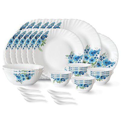 Larah by Borosil Pansy Fluted Series Opalware Dinner Set | 33 Pieces for Family of 6 | Plates & Bowls | White