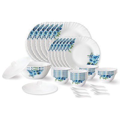 Larah by Borosil Pansy Fluted Series Opalware Dinner Set | 40 Pieces for Family of 6 | White