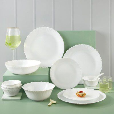 Larah by Borosil Plain White Silk Series Opalware Dinner Set | 35 Pieces for Family of 6