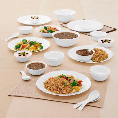 Larah by Borosil Plain White Silk Series Opalware Dinner Set | 27 Pieces for Family of 6