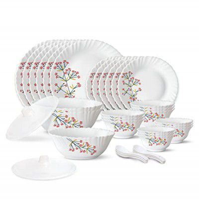 Larah by Borosil Red Bud Silk Series Opalware Dinner Set | 35 Pieces for Family of 6