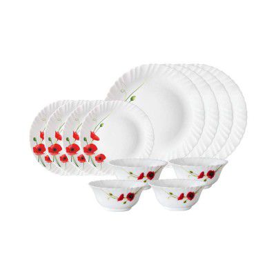Larah by Borosil Red Carnation Opalware Dinner Set, 12 Pieces, White