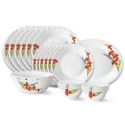 Larah by Borosil Red Iris Fluted Series Opalware Dinner Set | 21 Pieces for Family of 6 | Microwave & Dishwasher Safe | Bone-Ash Free | Crockery Set for Dining & Gifting | Plates & Bowls | White