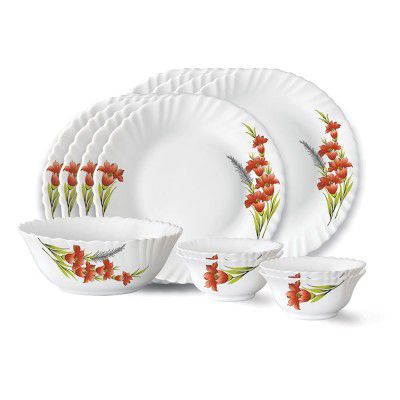 Larah by Borosil Red Iris Fluted Series Opalware Dinner Set | 13 Pieces for Family of 4 | Microwave & Dishwasher Safe | Bone-Ash Free | Crockery Set for Dining & Gifting | Plates & Bowls | White