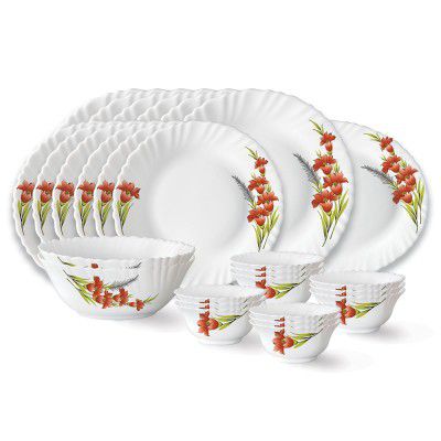 Larah by Borosil Red Iris Fluted Series Opalware Dinner Set | 27 Pieces for Family of 6