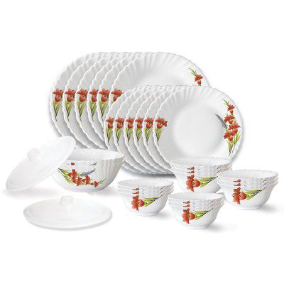 Larah by Borosil Red Iris Fluted Series Opalware Dinner Set | 28 Pieces for Family of 6 | Microwave & Dishwasher Safe | Bone-Ash Free | Crockery Set for Dining, White