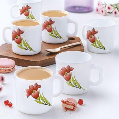 Larah by Borosil Red Iris Opalware Mug, Set of 12 Tea/Coffee Mugs, 180 ml Each, White