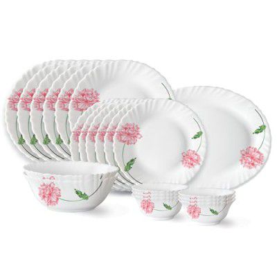 Larah by Borosil Red Mist Fluted Series Opalware Floral Dinner Set|21 Pieces for Family of 6||White