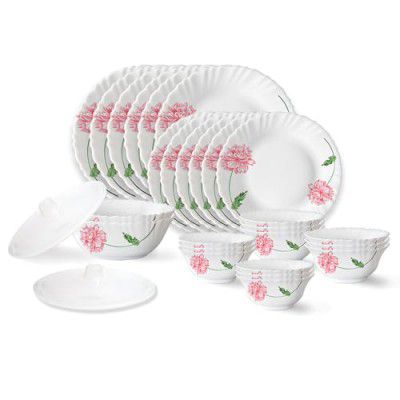Larah by Borosil Red Mist Fluted Series Opalware Floral Dinner Set | 28 Pieces for Family of 6
