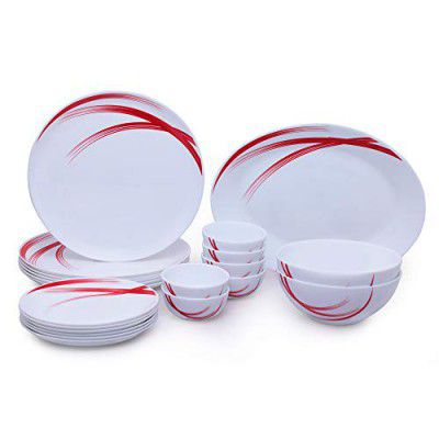 Larah by Borosil Red Stella Moon Series Opalware Dinnerset | 21 Pieces for Family of 6 | Microwave & Dishwasher Safe | Bone-Ash Free, Crockery Set for Dining & Gifting | Plates & Bowls, White