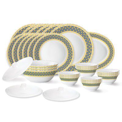 Larah by Borosil Regal Fluted Series Opalware Dinner Set | 31 Pieces for Family of 6 | Plates & Bowls | White