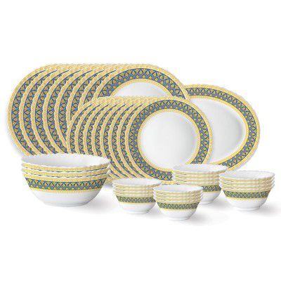 Larah by Borosil Regal Fluted Series Opalware Dinner Set | 36 Pieces for Family of 8 