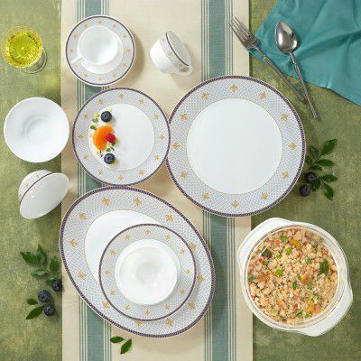 Larah by Borosil Regalia Grace Opalware Dinner Set | 61 Pcs for Family of 8