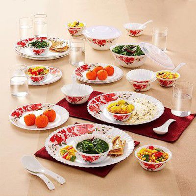 Larah By Borosil Rose Red Silk Series Opalware Dinner Set with Glasses, 40 Pieces for Family of 6