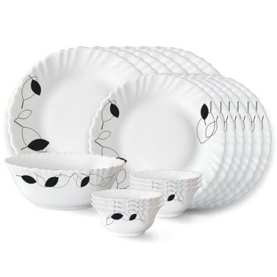 Larah by Borosil Shadow Fluted Series Opalware Floral Dinner Set | 19 Pieces for Family of 6 | Plates & Bowls | White