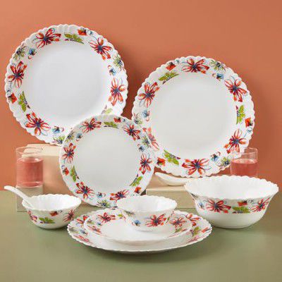 Larah by Borosil Silk Series Bali Opalware Dinner Set | 35 Pieces for Family of 6 | Crockery Set for Dining & Gifting | Plates & Bowls | Floral Pattern