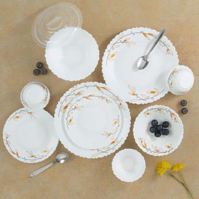 Larah by Borosil Silk Series Bella Opalware Dinner Set with Steel Spoon | 41 Pcs for Family of 6 | Microwave & Dishwasher Safe | Bone-Ash Free | Crockery Set for Dining & Gifting | Plates & Bowls