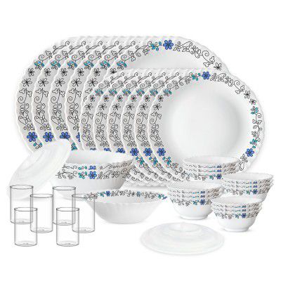 Larah by Borosil Silk Series Blue Iris Opalware Dinner Set with Vision Glass | 35pcs for Family of 6 